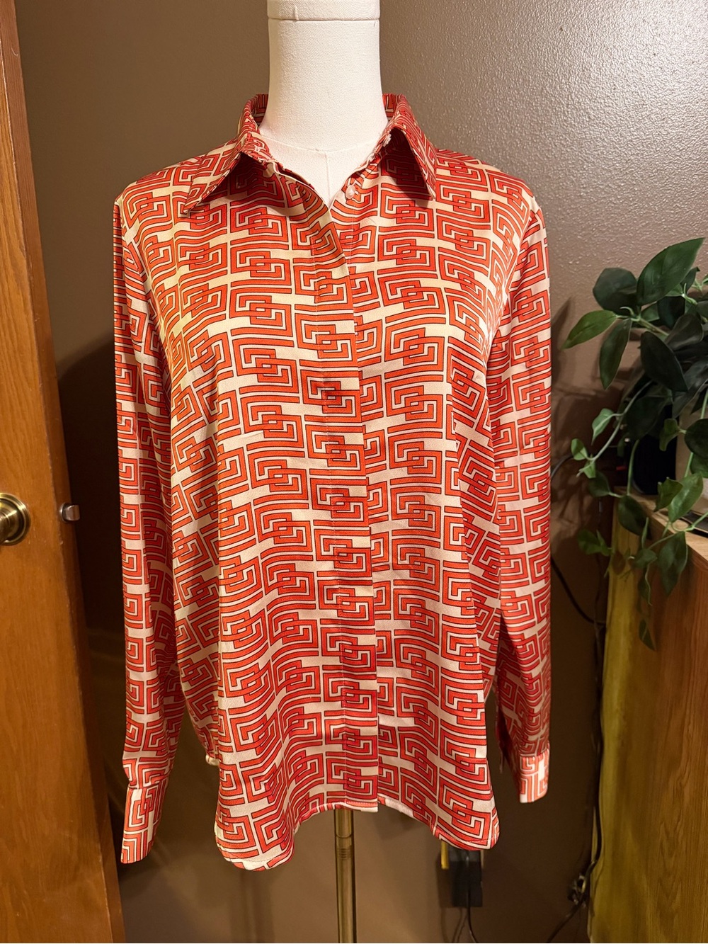 Ann Taylor Red/Orange and White Geometric Print Button-Down Shirt